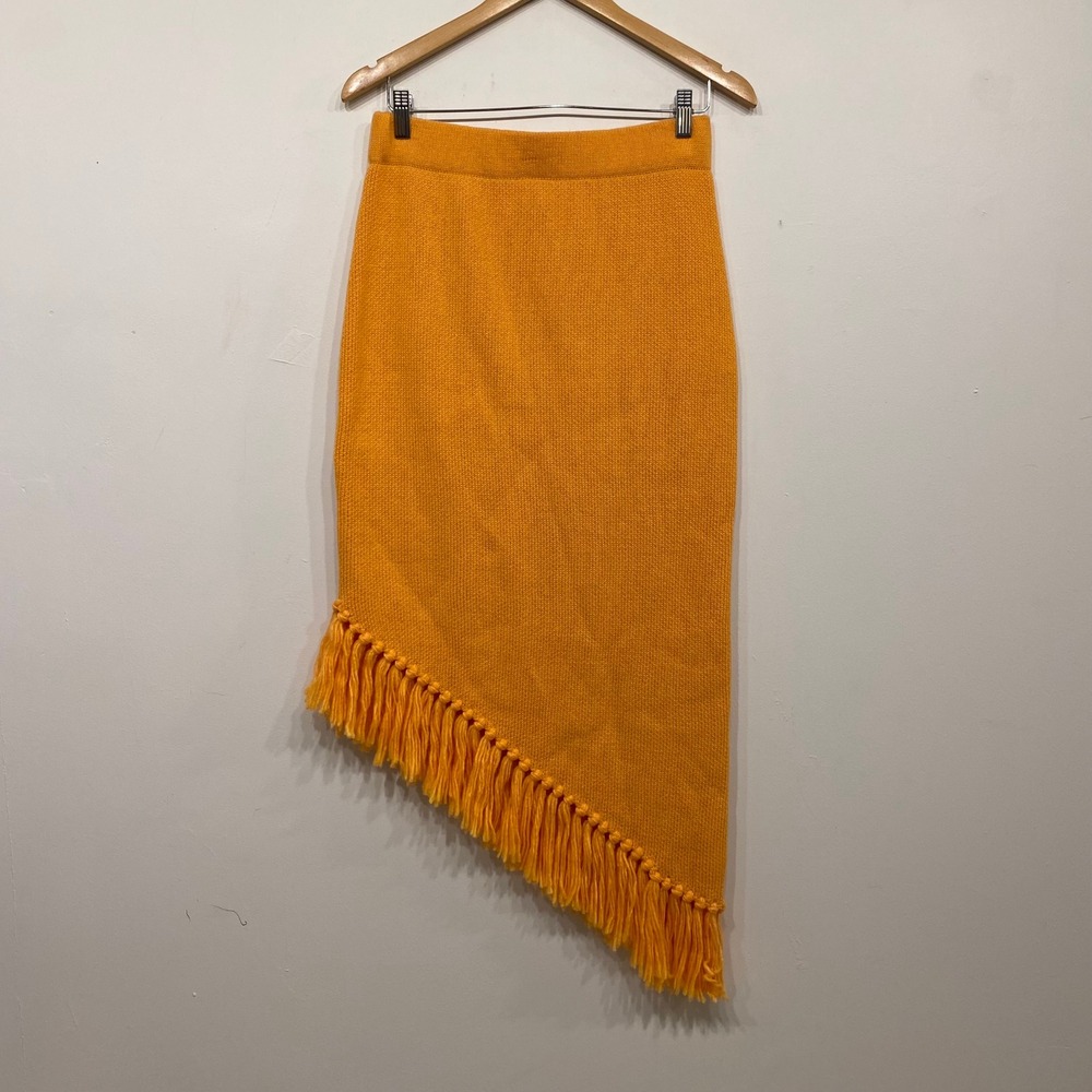 NA-KD Mustard Yellow Knit Asymmetrical Fringe Midi Skirt Womens Size Medium